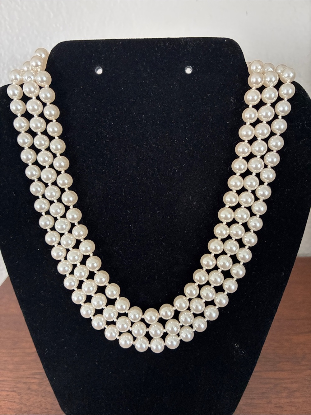 Vintage Stern's Triple Strand Faux Pearl Necklace Rhinestone Clasp 16"